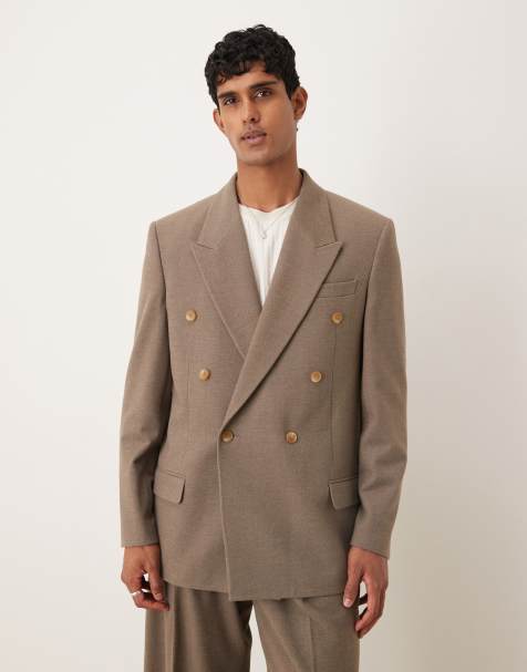 ASOS DESIGN double breasted relaxed suit jacket in beige texture - view 1