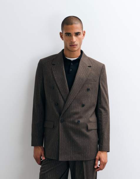 ASOS DESIGN double breasted relaxed suit jacket in brown pinstripe - view 1
