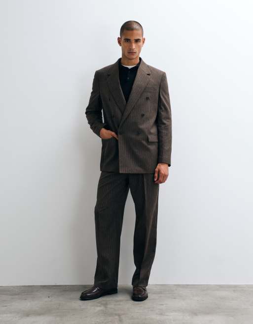 ASOS DESIGN double breasted relaxed suit jacket in brown pinstripe, 2 of 5
