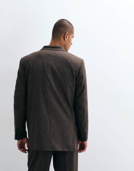 ASOS DESIGN double breasted relaxed suit jacket in brown pinstripe, 4 of 5