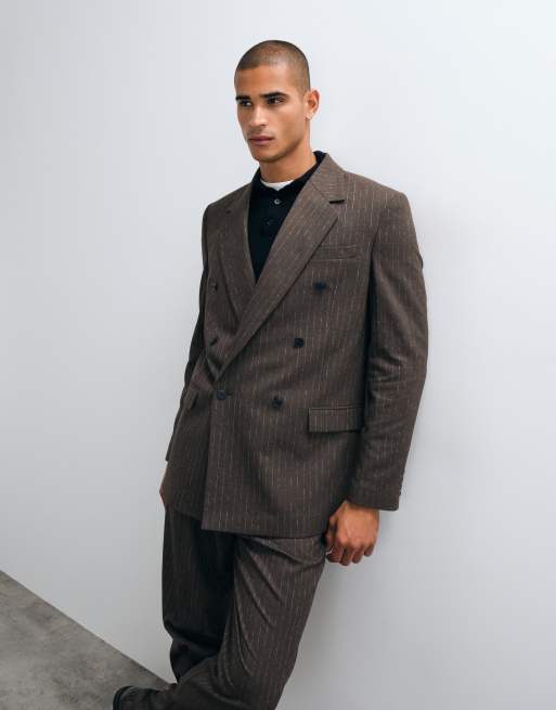ASOS DESIGN double breasted relaxed suit jacket in brown pinstripe, 5 of 5