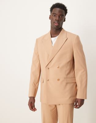 double breasted relaxed suit jacket in camel-Brown