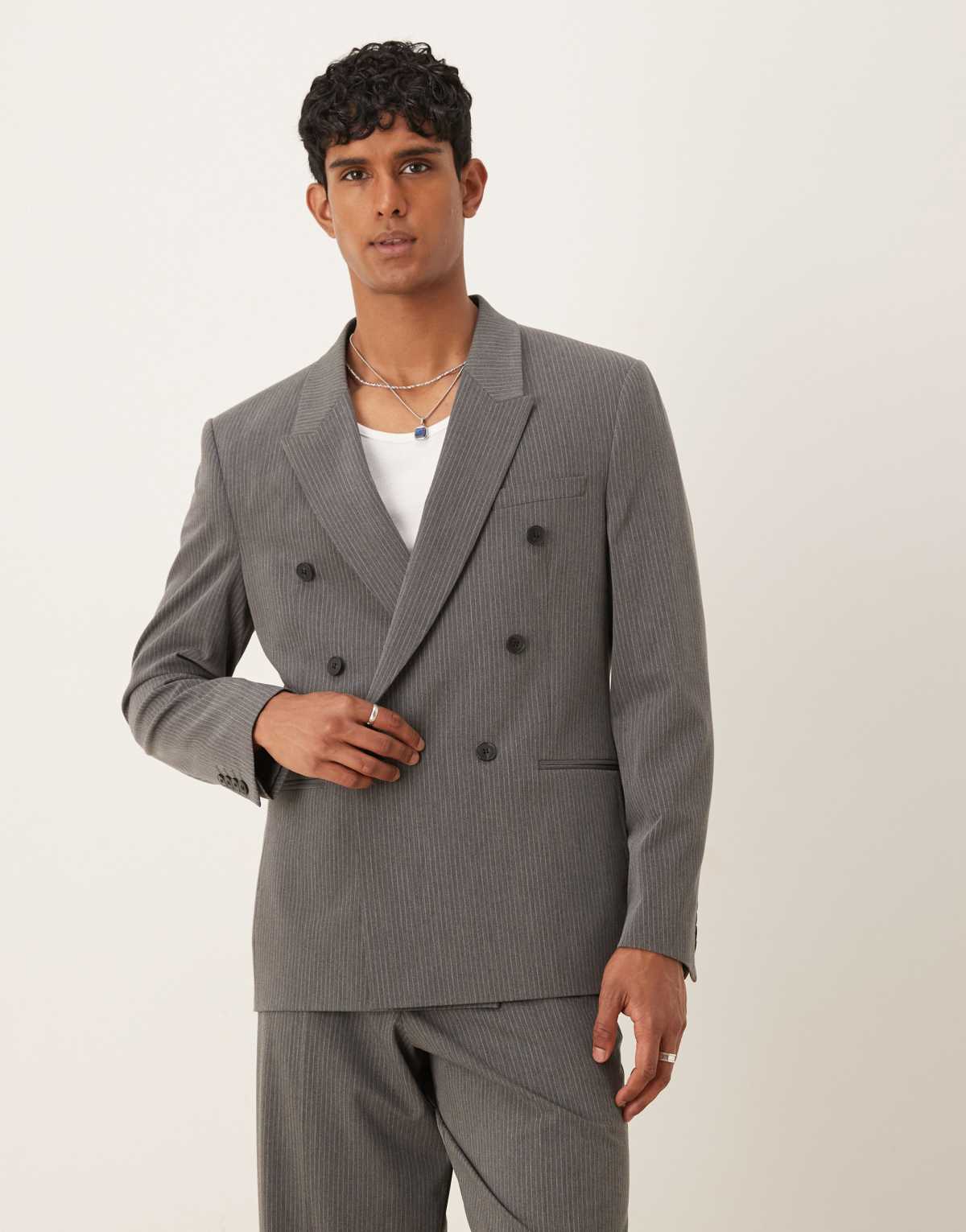 ASOS DESIGN double breasted relaxed suit jacket in charcoal pinstripe