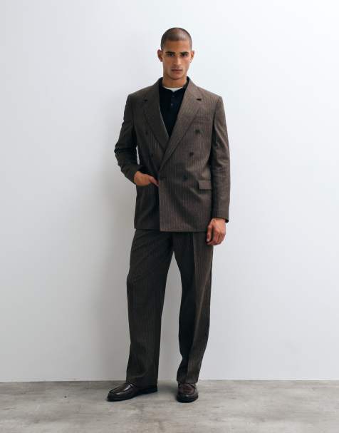 ASOS DESIGN Double Breasted Relaxed Suit Jacket & Wide Leg Double Pleated Suit Trouser in Brown Pinstripe - view 1