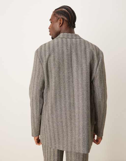 ASOS DESIGN - Double-breasted ruimvallende colbert met visgraatmotief in grijs, 2 van 5