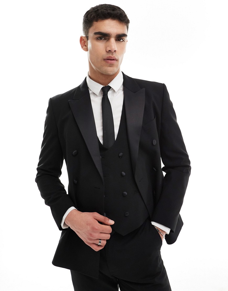 Asos Design Double Breasted Skinny Suit Jacket In Black