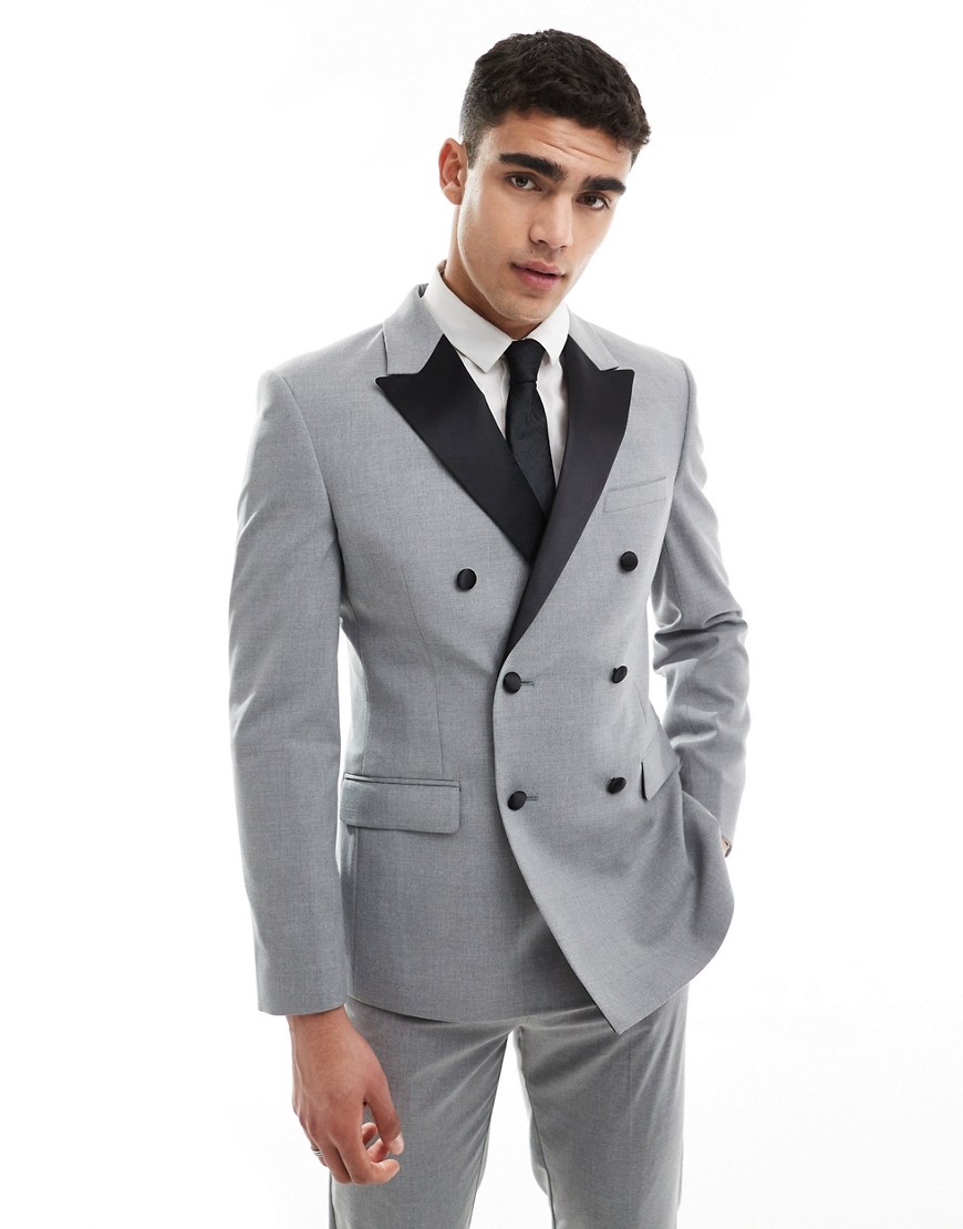 Asos Design Double Breasted Skinny Suit Jacket In Gray