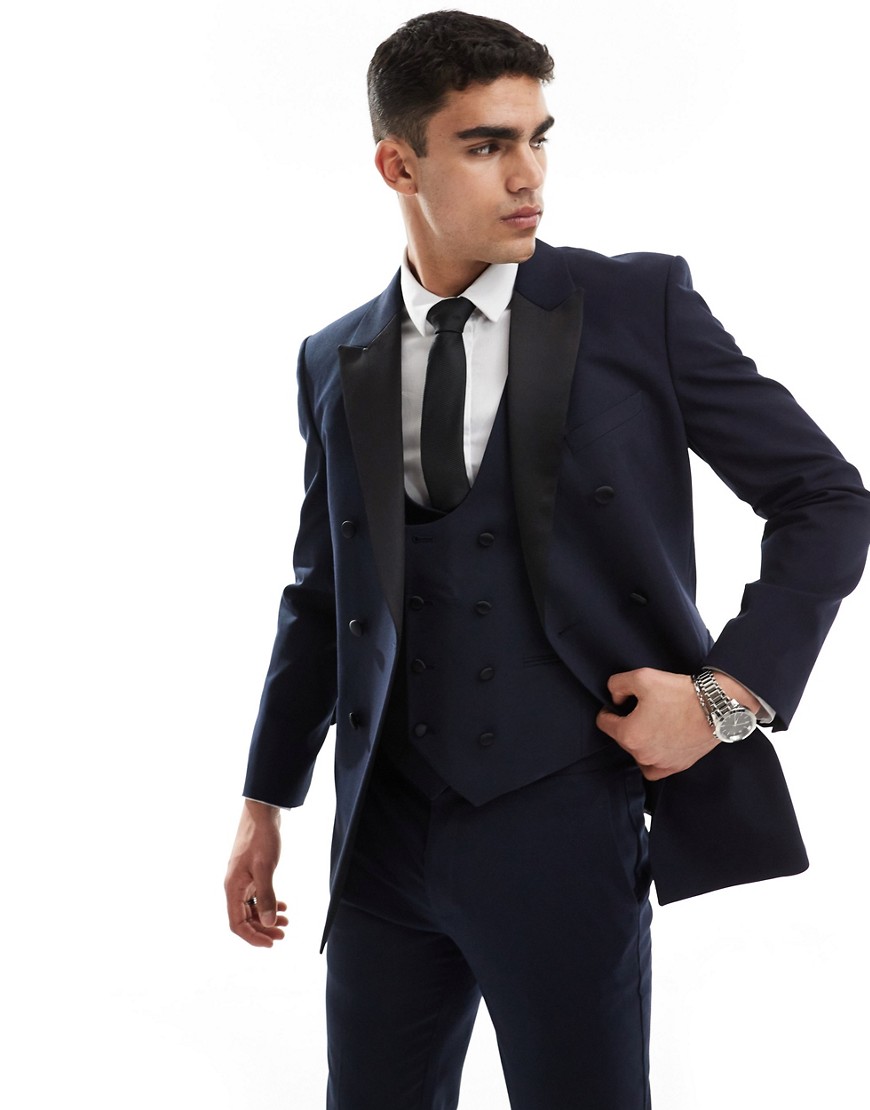 Asos Design Double Breasted Skinny Suit Jacket In Navy
