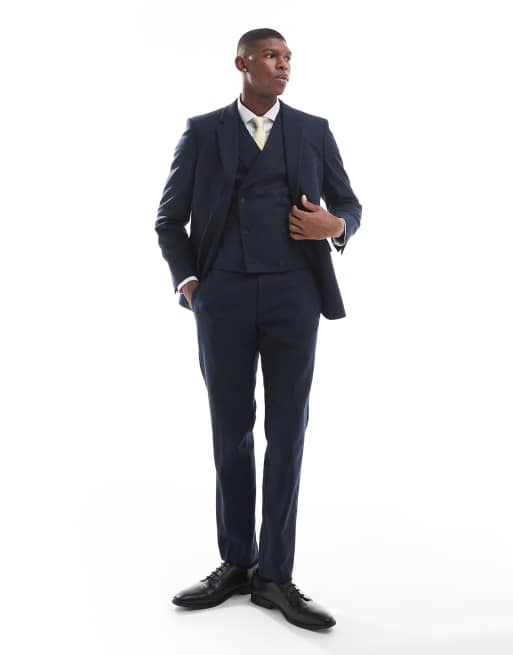 ASOS DESIGN double breasted skinny suit jacket with wool in blue barleyweave