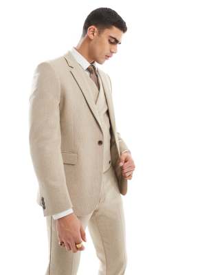 Asos Design Double Breasted Skinny Suit Jacket With Wool In Camel Barleyweave-neutral In Neutral