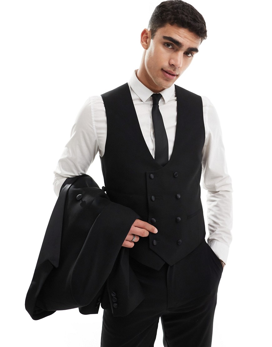 Asos Design Double Breasted Skinny Suit Vest In Black