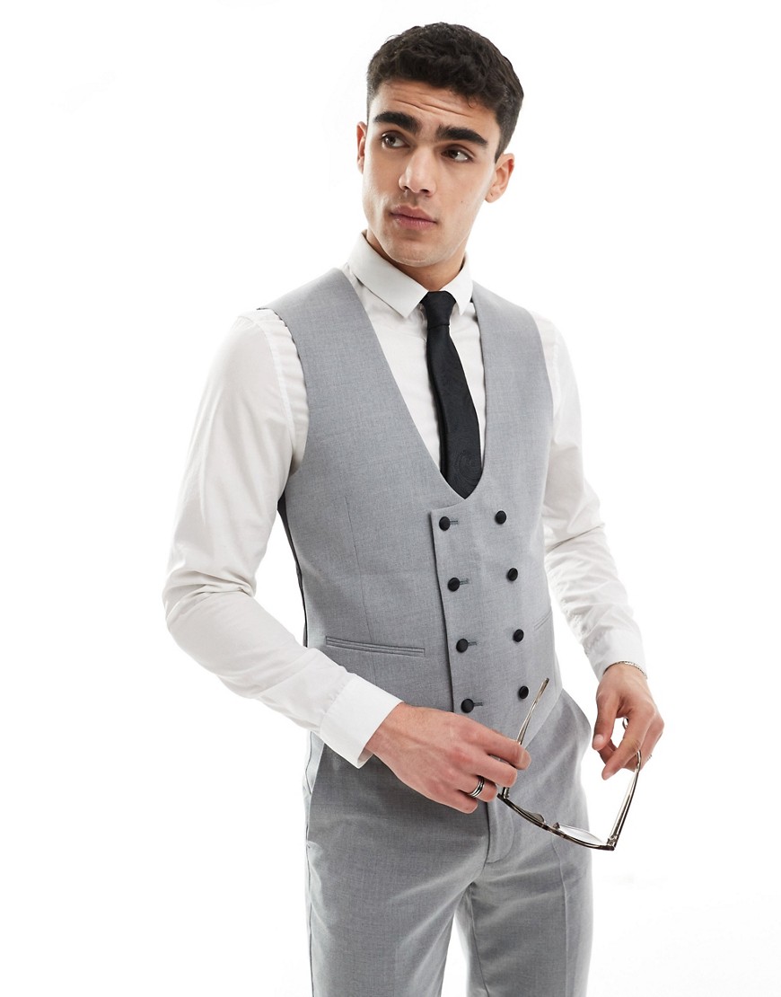 Asos Design Double Breasted Skinny Suit Vest In Gray