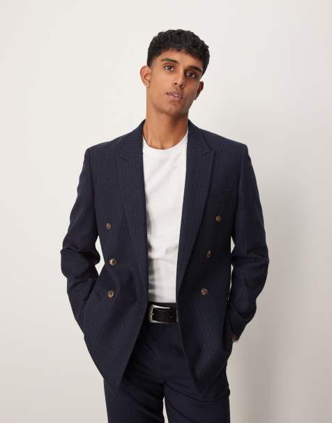 ASOS DESIGN double breasted slim blazer in navy pin stripe - view 1