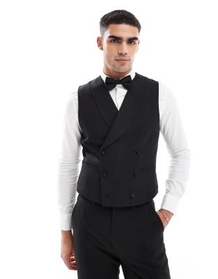 double breasted slim fit tuxedo vest in black