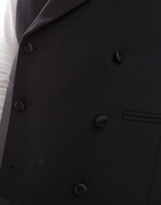 ASOS DESIGN double breasted slim fit tuxedo waistcoat in black, 2 of 5