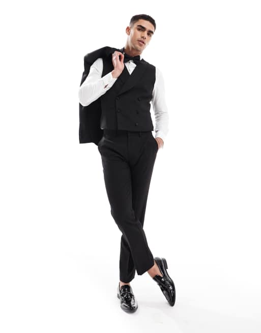 ASOS DESIGN double breasted slim fit tuxedo waistcoat in black, 3 of 5
