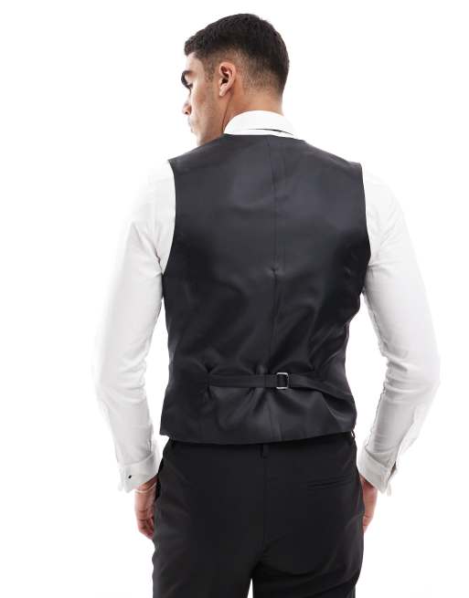 ASOS DESIGN double breasted slim fit tuxedo waistcoat in black, 5 of 5