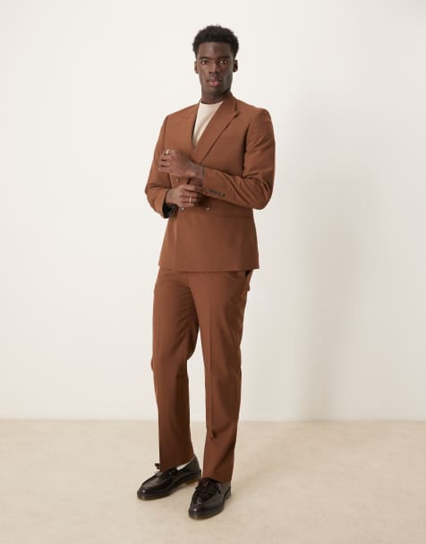 ASOS DESIGN double breasted slim suit in brown - view 1