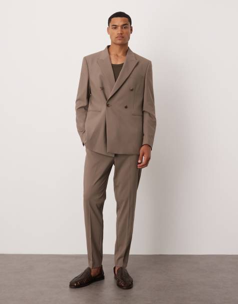 ASOS DESIGN double breasted slim suit in taupe brown - view 1