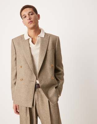 ASOS DESIGN double breasted slim suit jacket in brown herringbone - view 1