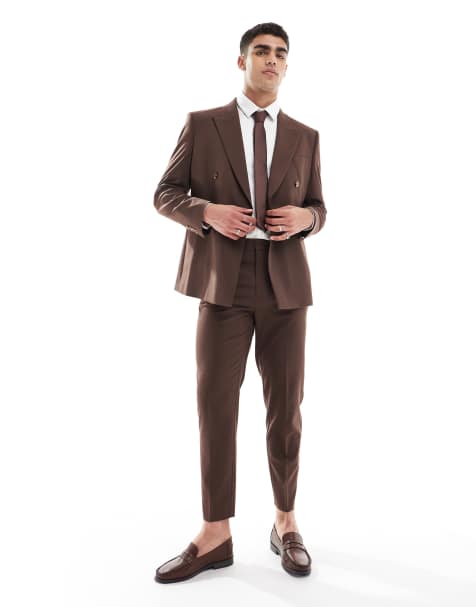 ASOS DESIGN double breasted slim suit jacket in brown - view 1