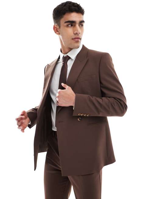 ASOS DESIGN double breasted slim suit jacket in brown