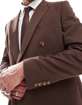 ASOS DESIGN double breasted slim suit jacket in brown