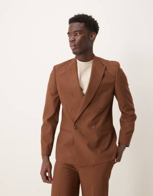 double breasted slim suit jacket in brown