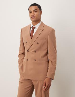 Asos Design Double Breasted Slim Suit Jacket In Brown