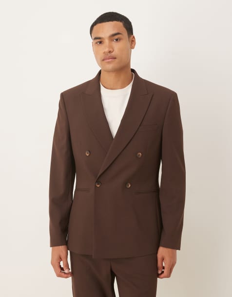 ASOS DESIGN double breasted slim suit jacket in brown - view 1