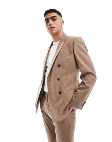 ASOS DESIGN double breasted slim suit jacket in dark stone - view 1