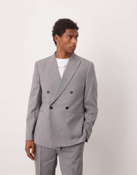 ASOS DESIGN double breasted slim suit jacket in gray pinstripe - view 1