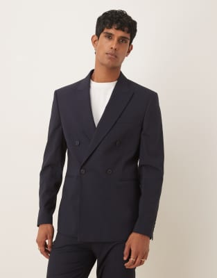 Asos Design Double Breasted Slim Suit Jacket In Blue