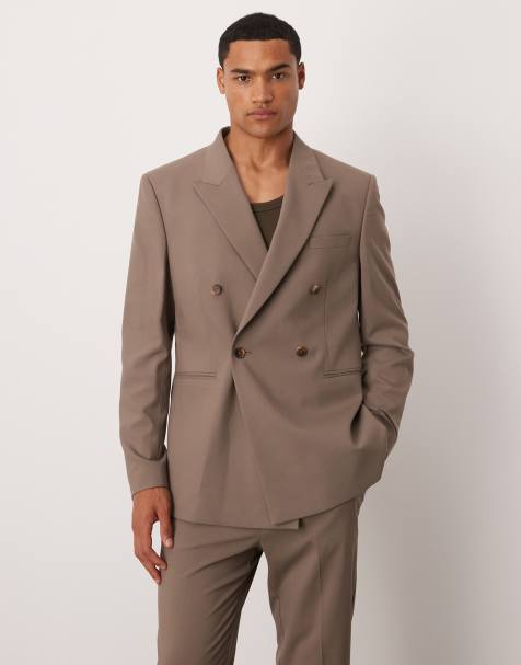 ASOS DESIGN double breasted slim suit jacket in taupe brown - view 1