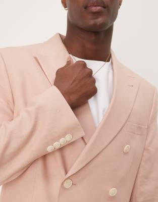 Asos Design Double Breasted Slim Suit Jacket With Linen In Pink