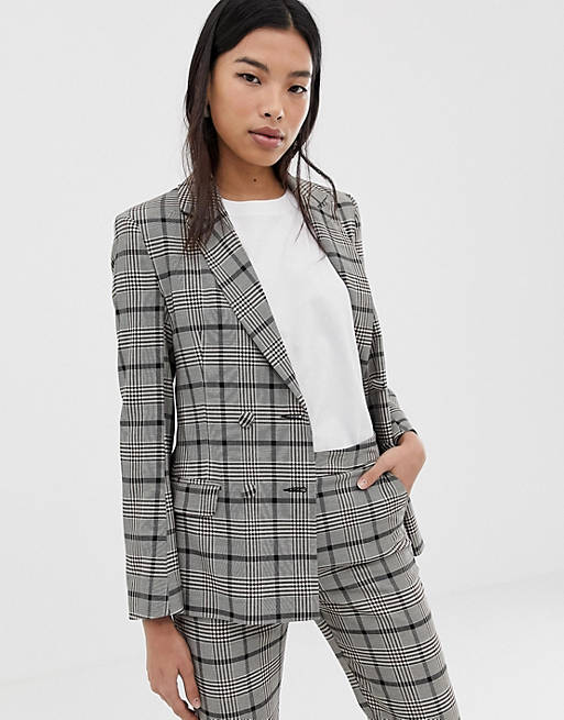 ASOS DESIGN double breasted suit blazer in check with burgundy