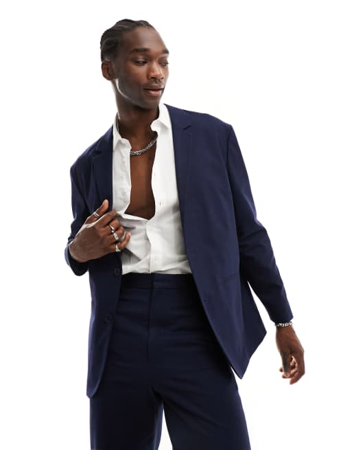 ASOS DESIGN double breasted suit blazer in slubby texture in navy | ASOS