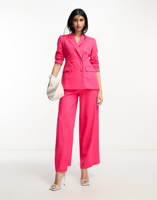 ASOS DESIGN double breasted suit blazer with linen in hot pink ASOS