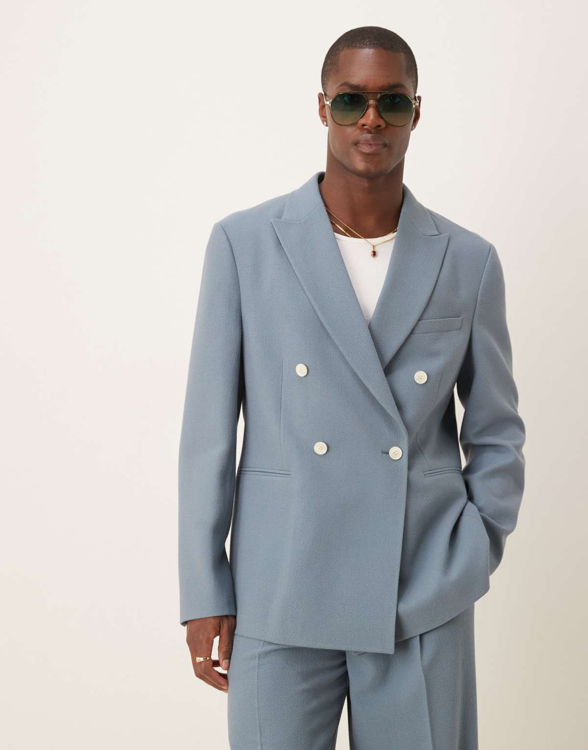 ASOS DESIGN double breasted suit jacket in blue texture