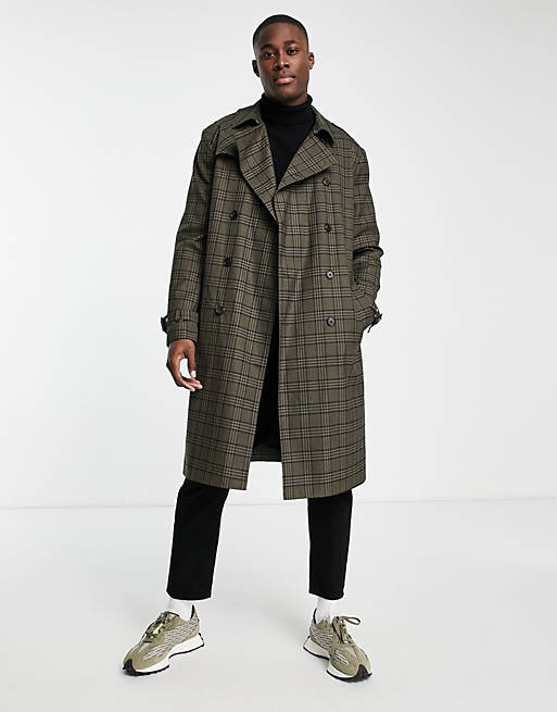 Asos Men Clothing Coats Trench Coats Double breasted trench coat in tartan check 