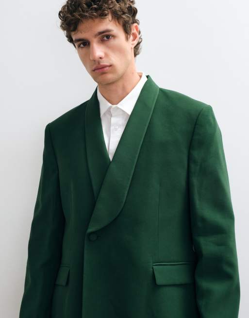 ASOS DESIGN Double Breasted Wrap Regular Fit Suit Jacket & Wide Leg Tuxedo Suit Trousers in Dark Green, 2 of 3