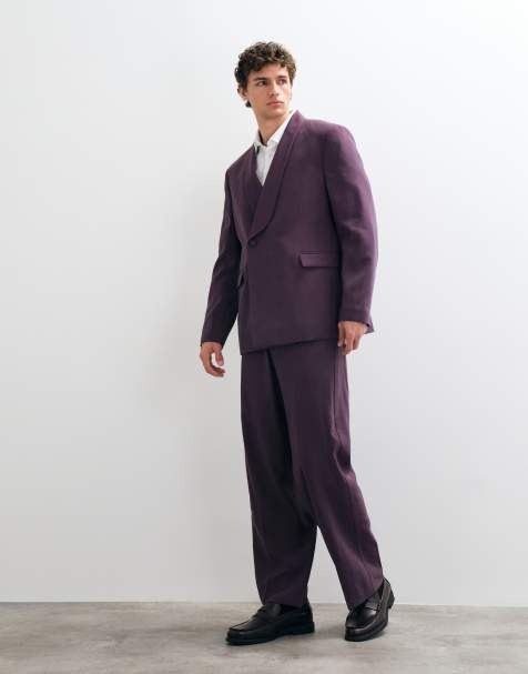 ASOS DESIGN double-breasted wrap regular fit suit jacket & wide leg tuxedo suit pants in dark purple - view 1