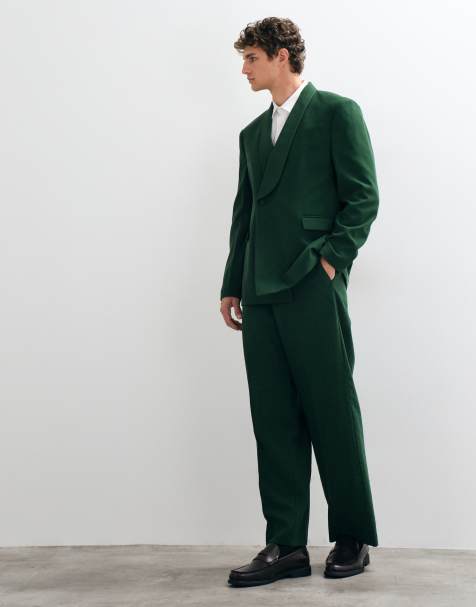 ASOS DESIGN Double Breasted Wrap Regular Fit Suit Jacket & Wide Leg Tuxedo Suit Trousers in Dark Green - view 1