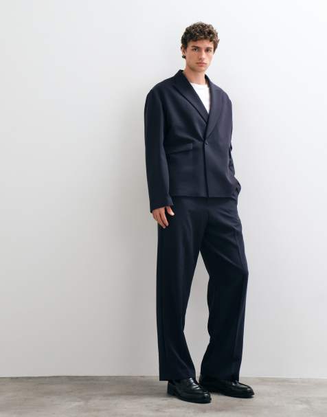 ASOS DESIGN Double Breasted Wrap Stretch Suit Jacket & Wide Stretch Suit Trouser with Pintucks in Navy - view 1