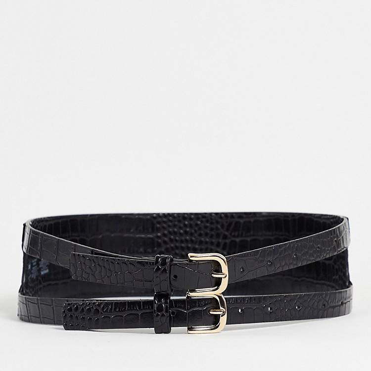 ASOS DESIGN double buckle waist belt in black croc