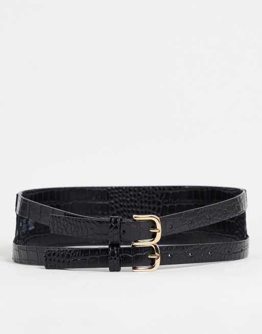 Double Buckle Croc-Embossed Leather Belt