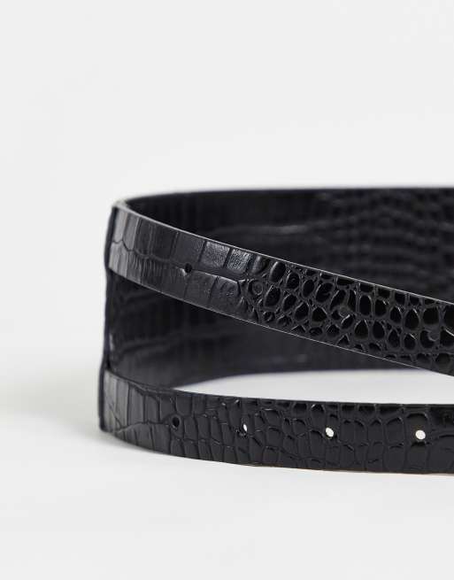 double buckle belt in crocodile-embossed leather