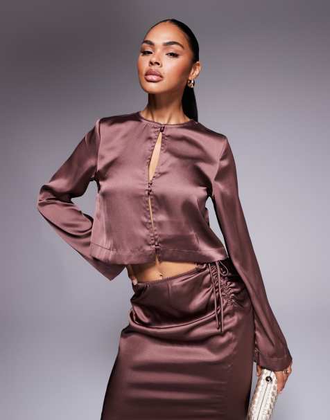 ASOS DESIGN double button detail satin co-ord blouse in chocolate - view 1