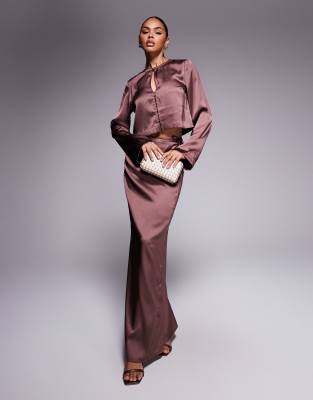 Asos Design Double Button Detail Satin Co-ord Blouse In Brown