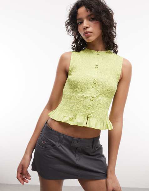 ASOS DESIGN double button shirred sleeveless top in green - view 1